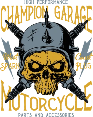 Hình ảnh đầu lâu đội mũ bảo hiểm gai góc, có bugi xe máy bắt chéo, chữ Champion Garage và Motorcycle.