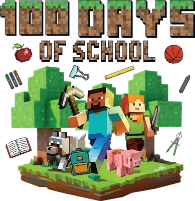 Hình ảnh nhân vật Minecraft Steve và Alex cùng chó sói, lợn, sách, bút chì, thước kẻ, bóng rổ, cây cối, với dòng chữ '100 DAYS OF SCHOOL' theo phong cách pixel.