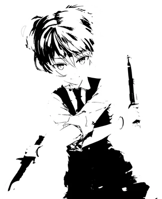 Hình ảnh cô gái anime với mái tóc rối, cầm dao và dùi cui, phong cách đồ họa đen trắng.