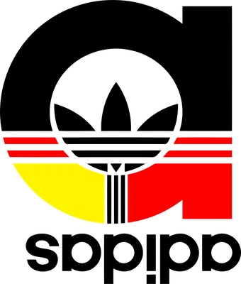 Logo Adidas cổ điển với ba sọc lá phong, biểu tượng lá phong, và các dải màu vàng, đỏ, đen.