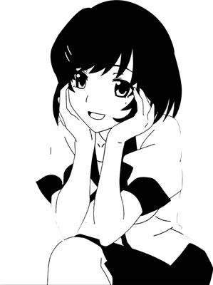 Hình vẽ cô gái anime tóc đen, đôi mắt to tròn, đang cười và đặt tay lên má, phong cách đơn giản.