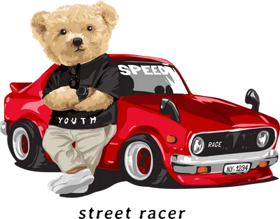 Hình minh họa gấu teddy mặc áo đen quần be đứng tựa vào xe đua thể thao màu đỏ, có chữ Youth, Speed, Race.