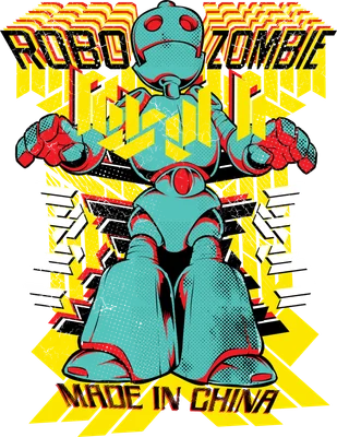 Hình minh họa robot phong cách retro comic với dòng chữ Robo Zombie Made In China