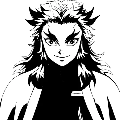 Kyojuro Rengoku, nhân vật anime với mái tóc rực lửa và biểu cảm tự tin, phong cách vẽ đen trắng.