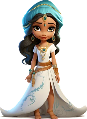 Hình ảnh công chúa chibi dễ thương với khăn turban xanh ngọc, váy trắng họa tiết xanh và trang sức vàng lấp lánh.