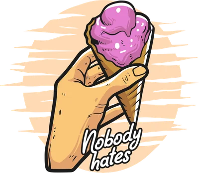 Hình minh họa một bàn tay màu da cam đang cầm cây kem ốc quế màu hồng bị chảy, có chữ 'Nobody hates' và nền sọc ngang.