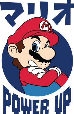 Hình ảnh nhân vật Mario trong trang phục quen thuộc, đội mũ đỏ, khoanh tay, với chữ 'POWER UP' bên dưới.