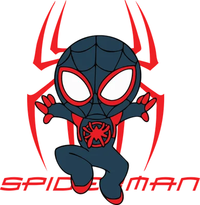 Hình ảnh hoạt hình chibi Spider-Man màu xanh đen, đỏ, với biểu tượng nhện đỏ trên ngực, đang vẫy tay trên nền xám.