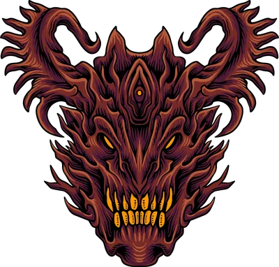 Hình minh họa đầu quái vật phong cách dark fantasy với mắt thứ ba và răng sắc nhọn