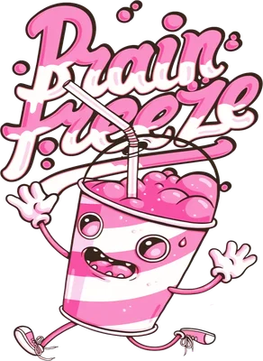 Nhân vật ly nước đá bào màu hồng dễ thương với dòng chữ Brain Freeze phong cách hoạt hình
