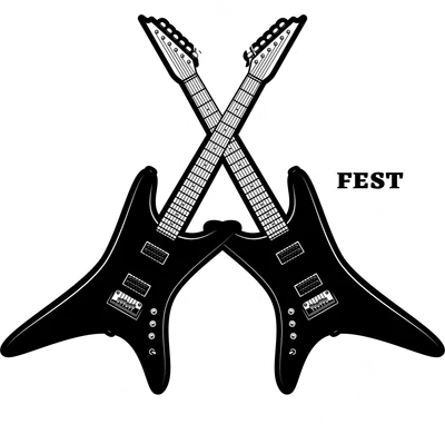 Thiết kế đồ họa Rock Fest với hai cây guitar điện màu đen bắt chéo, lửa, trống và chữ 'LIVE MUSIC SHOW' trên nền xám.