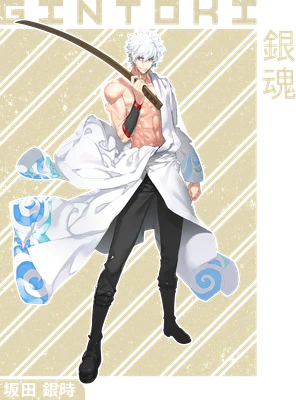 Hình vẽ nhân vật Gintoki Sakata trong anime, tóc bạc, cầm kiếm, mặc áo khoác trắng