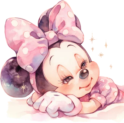 Hình ảnh Minnie Mouse hoạt hình dễ thương nằm nghỉ, vẽ theo phong cách màu nước với nơ chấm bi hồng và trang phục tím nhạt.