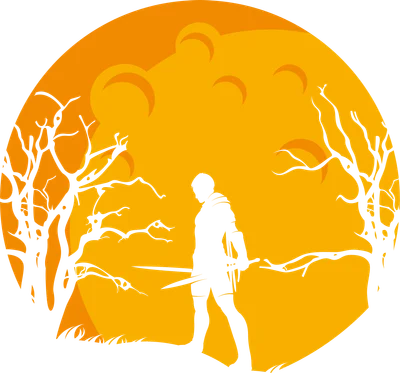 Hình ảnh silhouette chiến binh cầm kiếm đứng dưới ánh trăng tròn màu vàng cam, xung quanh là cây khô.