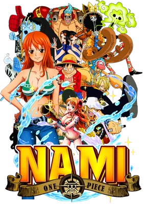 Hình ảnh nhóm nhân vật One Piece, nổi bật là Nami, cùng các thành viên khác của băng Mũ Rơm.