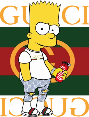 Hình vẽ Bart Simpson mặc đồ Gucci, cầm lon nước Gucci, với logo Gucci làm nền.