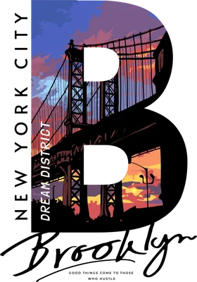 Hình in chữ B lớn chứa cảnh cầu Brooklyn và bầu trời hoàng hôn, kèm chữ New York City và Brooklyn.