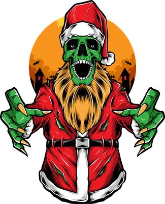 Hình minh họa ông già Noel zombie đầu lâu xanh với bộ râu dài, phong cách kinh dị cho in ấn