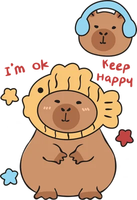 Hình vẽ capybara dễ thương đội mũ cá vàng, một capybara khác đeo tai nghe xanh, xung quanh có hoa và chữ 'I'm ok Keep Happy'.