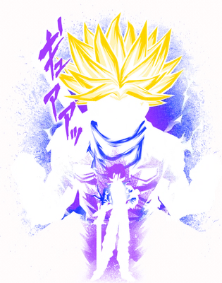 Hình ảnh Trunks từ Dragon Ball Z với mái tóc vàng Super Saiyan và hào quang tím, thể hiện sức mạnh.