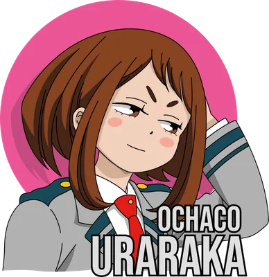 Hình vẽ chibi Ochaco Uraraka trong bộ đồng phục trường U.A. với mái tóc nâu ngắn, mắt lanh lợi và nụ cười tinh nghịch.