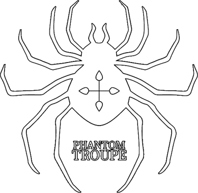 Biểu tượng nhện màu trắng với chữ 'PHANTOM TROUPE' bên dưới, trên nền xám.