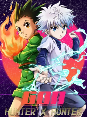 Hình ảnh Gon và Killua từ anime Hunter x Hunter, Gon có lửa, Killua có điện.