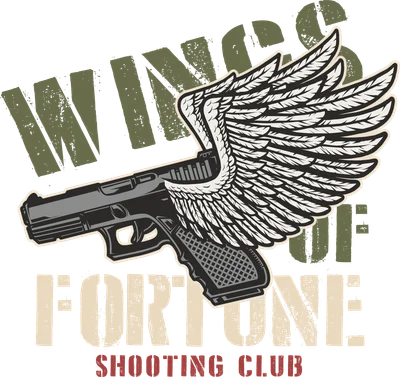 Hình ảnh súng lục gắn cánh thiên thần, với chữ 'WINGS OF FORTUNE SHOOTING CLUB' phía sau.