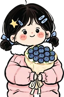 Hình vẽ cô bé chibi tóc đen hai bím, má hồng, ôm bó hoa việt quất, mặc áo khoác hồng.