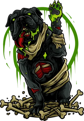 Hình ảnh minh họa một chú chó Bulldog zombie với bộ dạng đáng sợ, cơ thể rách nát, chất nhờn xanh lá chảy ra, ngồi trên đống xương.