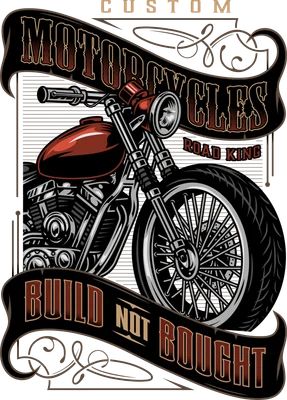 Hình minh họa xe mô tô cổ điển với dòng chữ Build Not Bought phong cách vintage