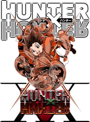 Hình ảnh nhân vật Gon Freecss từ anime Hunter x Hunter với biểu cảm vui vẻ, bao quanh bởi các họa tiết xoáy màu cam và một con cá.