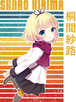 Hình ảnh anime cô bé tóc vàng mắt xanh dương, mặc áo trắng, khăn đỏ, đeo túi chéo, trên nền sọc ngang nhiều màu.