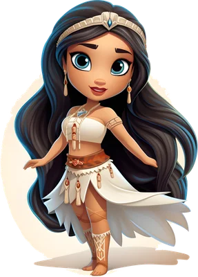 Hình ảnh công chúa hoạt hình chibi với mái tóc đen dài, đôi mắt xanh to tròn, mặc trang phục thổ dân màu trắng và nâu.