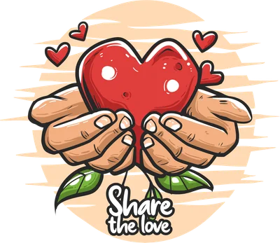 Hình vẽ đôi bàn tay đang nâng niu một trái tim đỏ với dòng chữ Share the love phong cách hoạt hình
