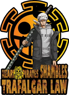 Hình ảnh Trafalgar Law của băng Heart Pirates, cầm kiếm, với biểu tượng băng phía sau.