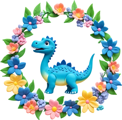 Hình ảnh một chú khủng long màu xanh dương dễ thương đứng giữa vòng hoa nhiều màu sắc gồm hoa hồng, xanh, vàng, cam và lá xanh.