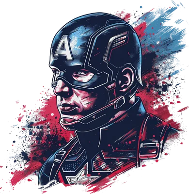 Hình ảnh Captain America với mũ chữ A, phong cách graphic art và hiệu ứng màu đỏ xanh bắn tung tóe trên nền xám.