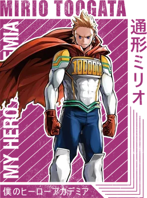 Hình ảnh Mirio Togata, nhân vật anime My Hero Academia, trong bộ trang phục anh hùng màu trắng, xanh, vàng và đỏ.