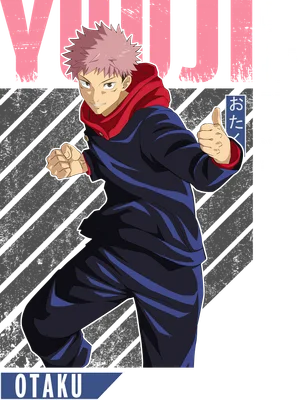 Hình ảnh Yuji Itadori từ anime Jujutsu Kaisen, mặc áo hoodie xanh navy và đỏ, giơ ngón cái.
