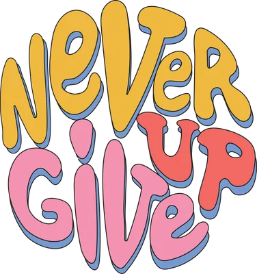 Hình ảnh chữ Never Give Up phong cách retro, màu vàng, hồng, cam với hiệu ứng 3D đổ bóng xanh nhạt trên nền xám.