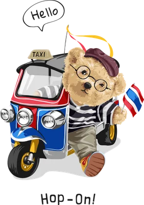Hình minh họa gấu Teddy đội mũ beret, đeo kính, lái xe tuk-tuk màu đỏ xanh, cầm cờ Thái Lan, có chữ 'Hello' và 'Hop-On!'.