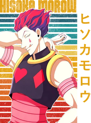 Hình ảnh Hisoka Morow từ anime Hunter x Hunter với mái tóc hồng tím, trang phục đỏ đen và quân bài.