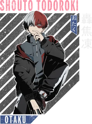 Hình vẽ nhân vật Shouto Todoroki với mái tóc hai màu, mặc áo khoác đen, ngồi tư thế ngầu.