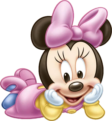 Hình ảnh Minnie Mouse bé con đáng yêu nằm sấp, mỉm cười, đeo nơ hồng và mặc trang phục vàng hồng