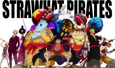Nhóm Hải Tặc Mũ Rơm từ anime One Piece đứng cùng nhau, với Monkey D. Luffy ở trung tâm.