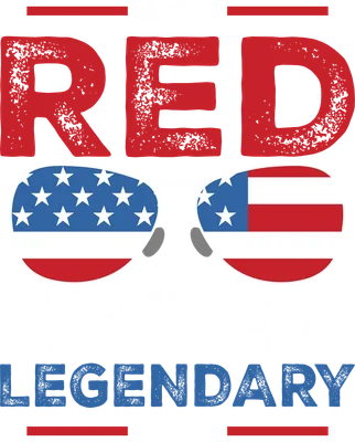 Hình ảnh kính râm phản chiếu cờ Mỹ với chữ 'RED WHITE & LEGENDARY' màu đỏ, trắng, xanh trên nền xám.