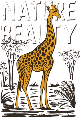Hình minh họa hươu cao cổ đứng giữa thiên nhiên với dòng chữ Nature Beauty phong cách vẽ tay