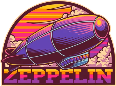 Hình ảnh minh họa khinh khí cầu Zeppelin màu tím và xanh bay trên nền bầu trời hoàng hôn với các dải màu cam, hồng, vàng và mây.