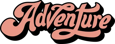 Chữ 'Adventure' viết theo phong cách retro, màu hồng cam gradient, đổ bóng đen.